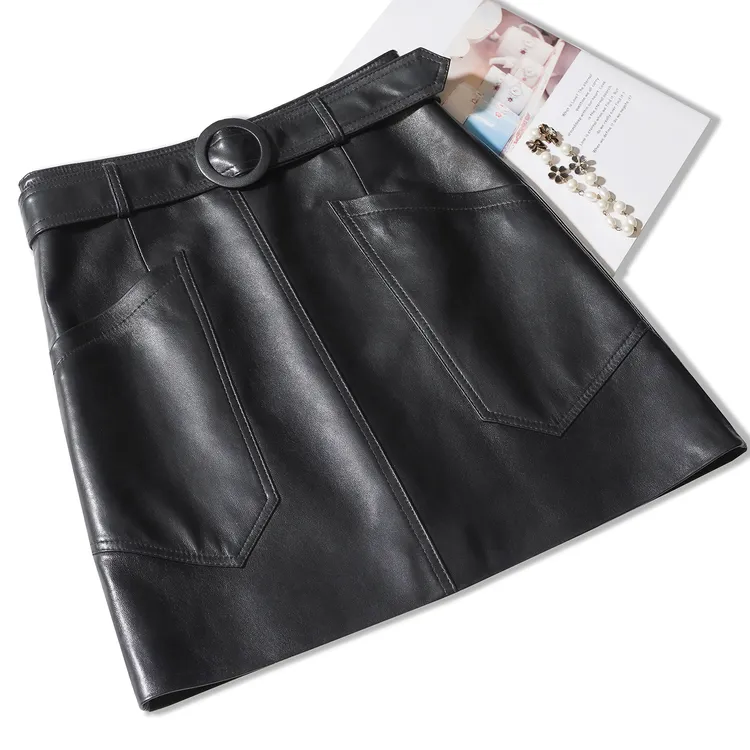 植鞣绵羊皮A字100%真皮裙半身短皮裙女2025海宁新款秋冬高腰显瘦