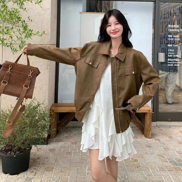 咖色复古慵懒风PU皮翻领外套女2025初秋新款oversize美式休闲夹克