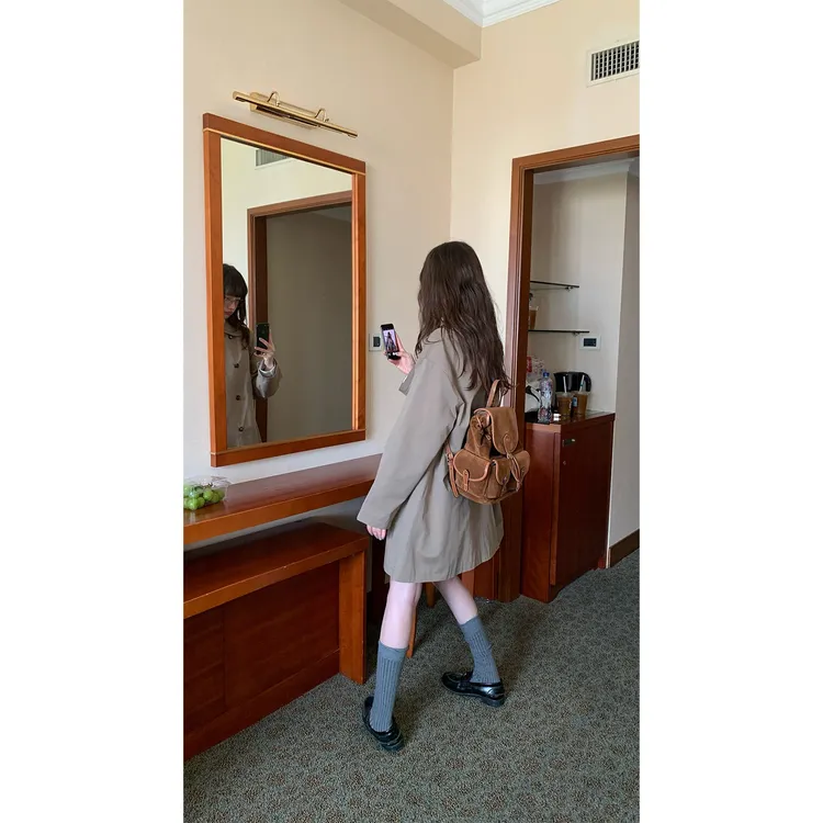 RAINY 韩系设计感中长款娃娃领风衣春秋女宽松双排扣新款斗篷外套