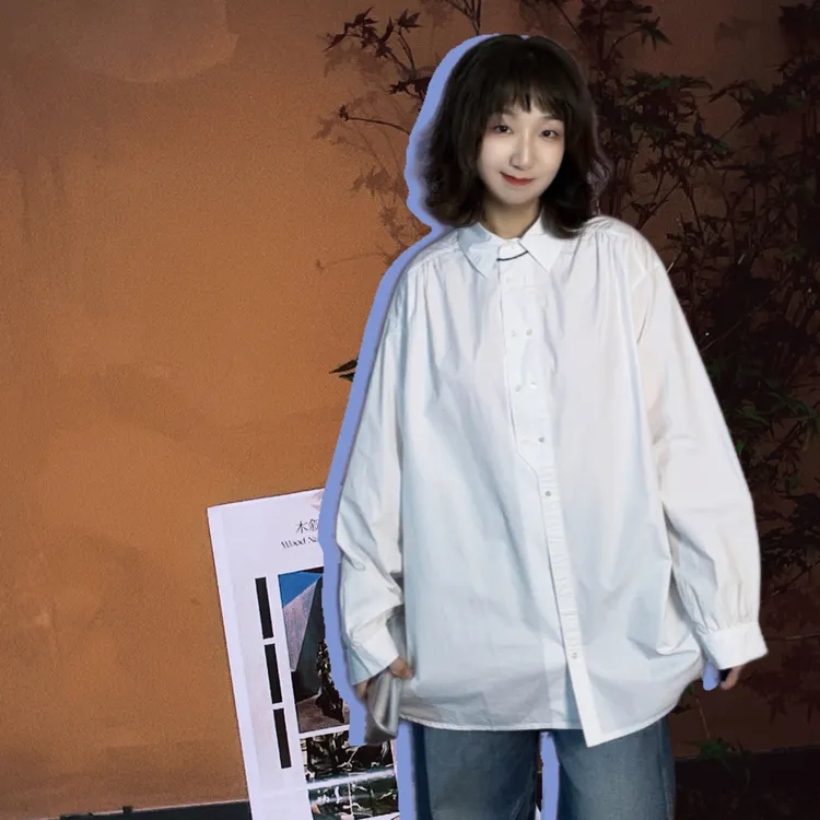 梦丽雅纯棉白色/咖色/条纹衬衫 廓形复古百搭时尚宽松大码上衣