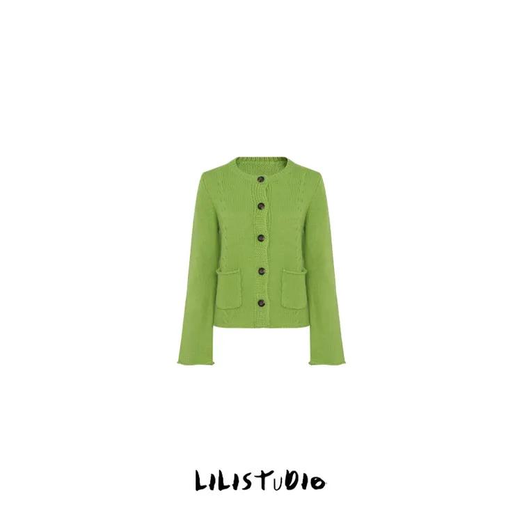 「鲜柠暖织」不理理夏季新款女装休闲清新绿韵纽扣点缀针织开衫