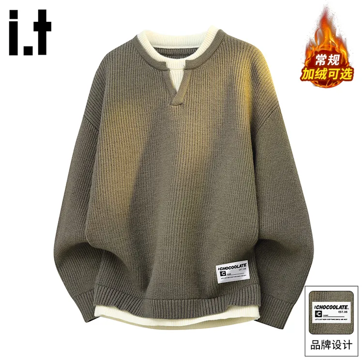 it :CHOCOOLATE拼接圆领针织外套男冬季潮流设计感舒适假两件毛衣