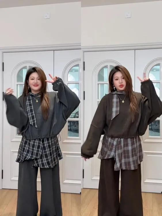 2025秋冬新款加绒女套装格纹卫衣阔腿长裤围巾三件套时尚休闲