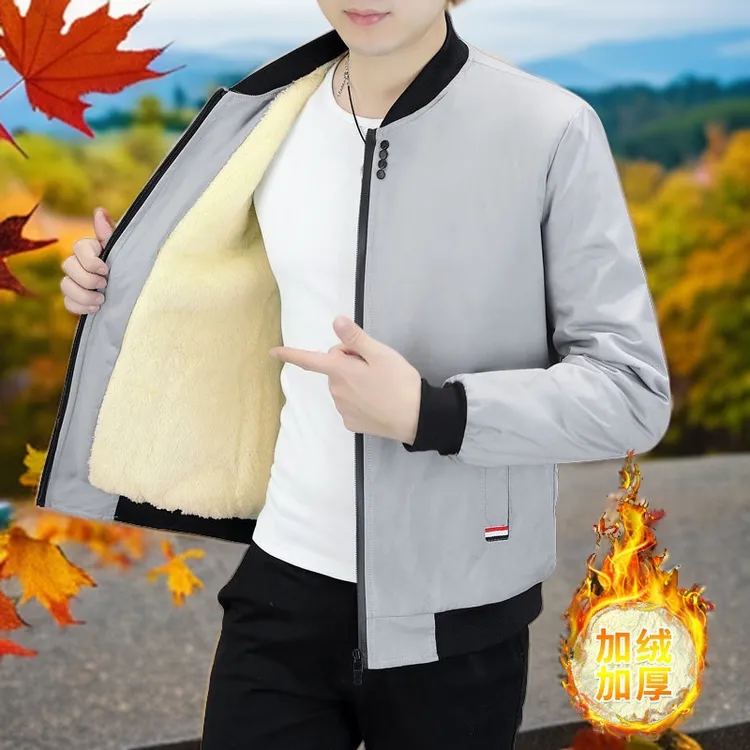 男士四粒扣加绒夹克青少年加厚休闲保暖外套潮流修身秋冬季夹克