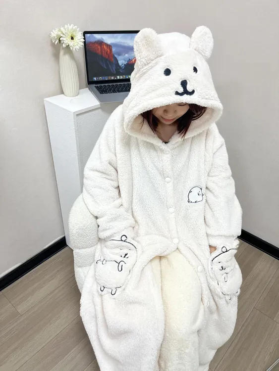 nagano自嘲熊珊瑚绒加绒加厚秋冬季睡衣女可爱卡通少女家居服套装