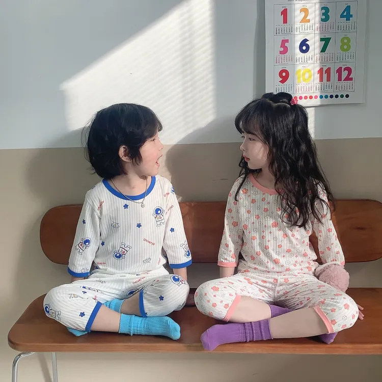 儿童睡衣夏季薄款七分袖女童卡通家居服套装宝宝短袖空调服套装夏