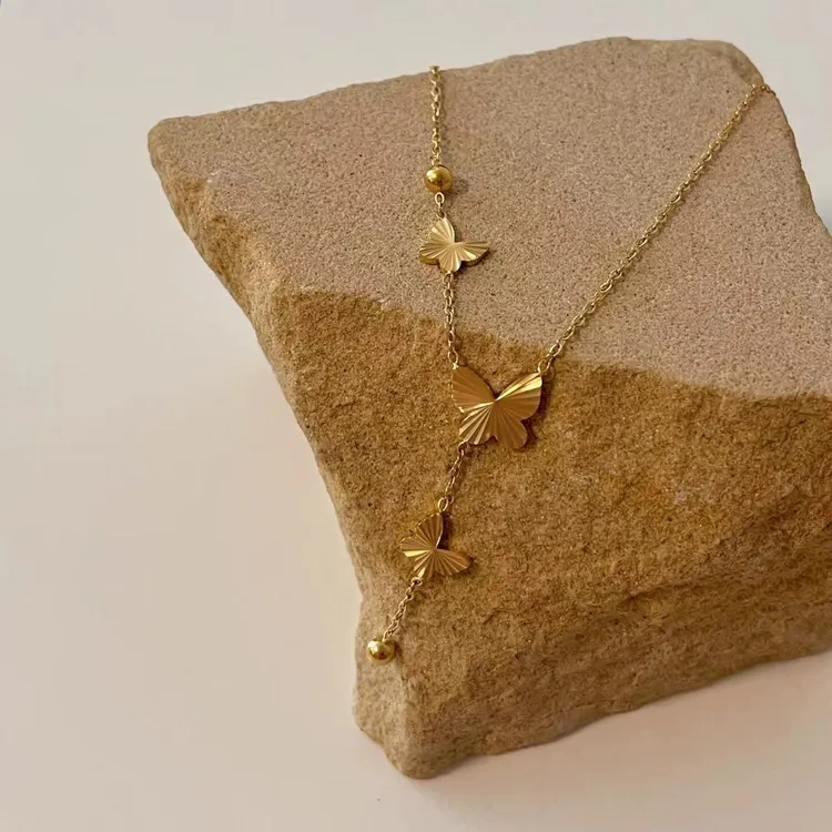 钛钢项链 可碰水!不对称蝴蝶流苏项链 V字锁骨链