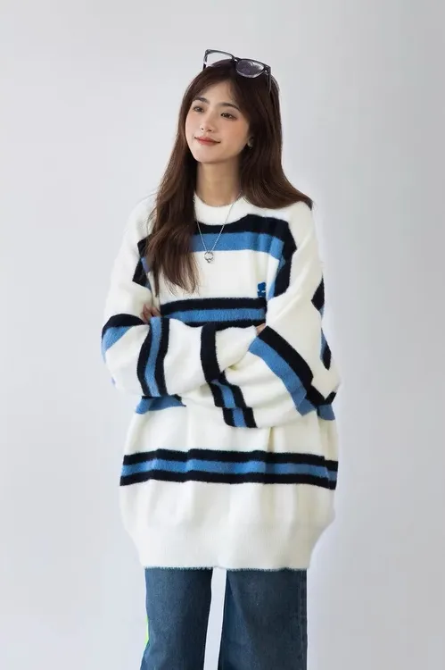 高级感圆领针织男女秋冬高街条纹撞色毛衣休闲宽松慵懒感情侣上衣