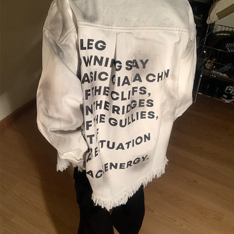 美式复古潮牌背后字母牛仔外套男女宽松破坏毛边设计高街情侣夹克