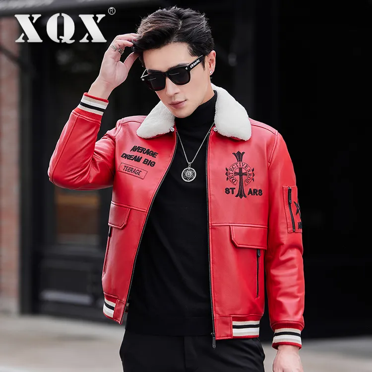 XQX真皮皮衣男2025秋冬新款翻领短款夹克带毛领加绒山羊皮外套潮