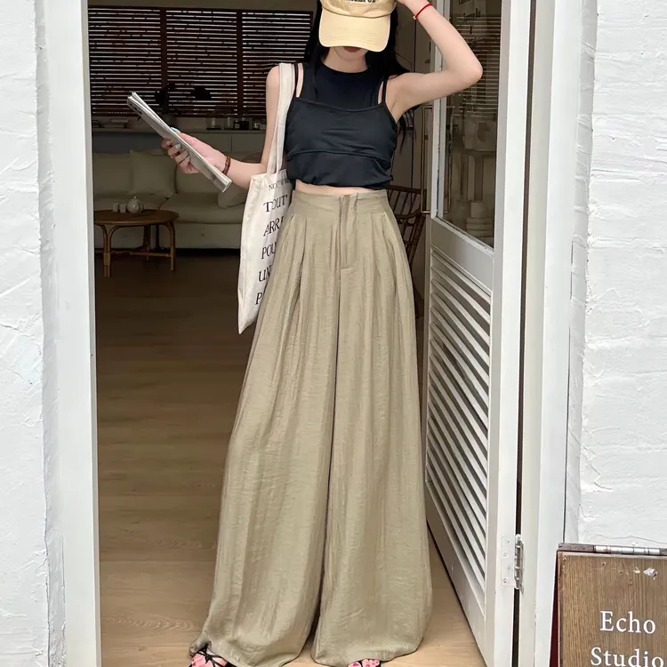 夏季新款宽松垂感直筒拖地裤时尚高腰褶皱百搭休闲阔腿裙裤