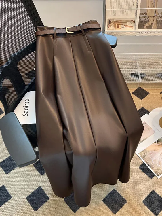 咖色长款pu皮裙半身裙女秋季新款高腰a字美拉德大摆伞裙包臀长裙