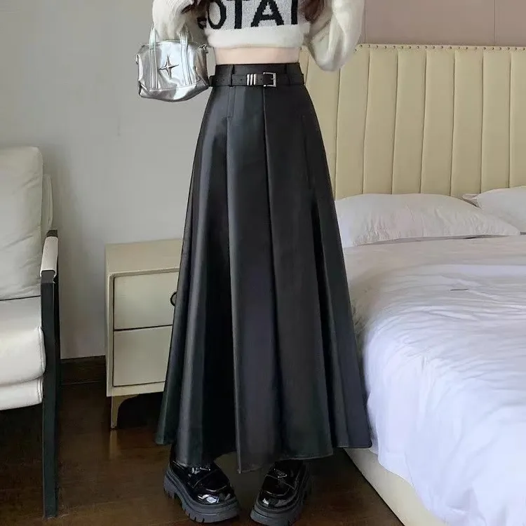  百搭皮裙女长裙春秋季复古大摆伞裙腰带显瘦a字半身裙长款百褶裙
