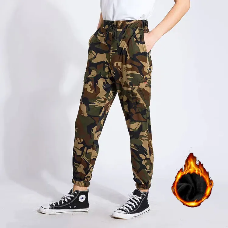 高弹力秋冬加绒加厚宽松迷彩大码运动劳保休闲保暖长裤工作工装裤