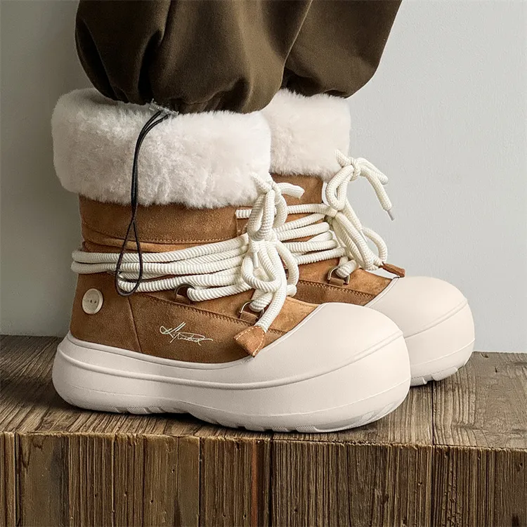 棕色冬季雪地靴男女户外加绒加厚保暖增高厚底棉鞋潮流毛毛靴子潮