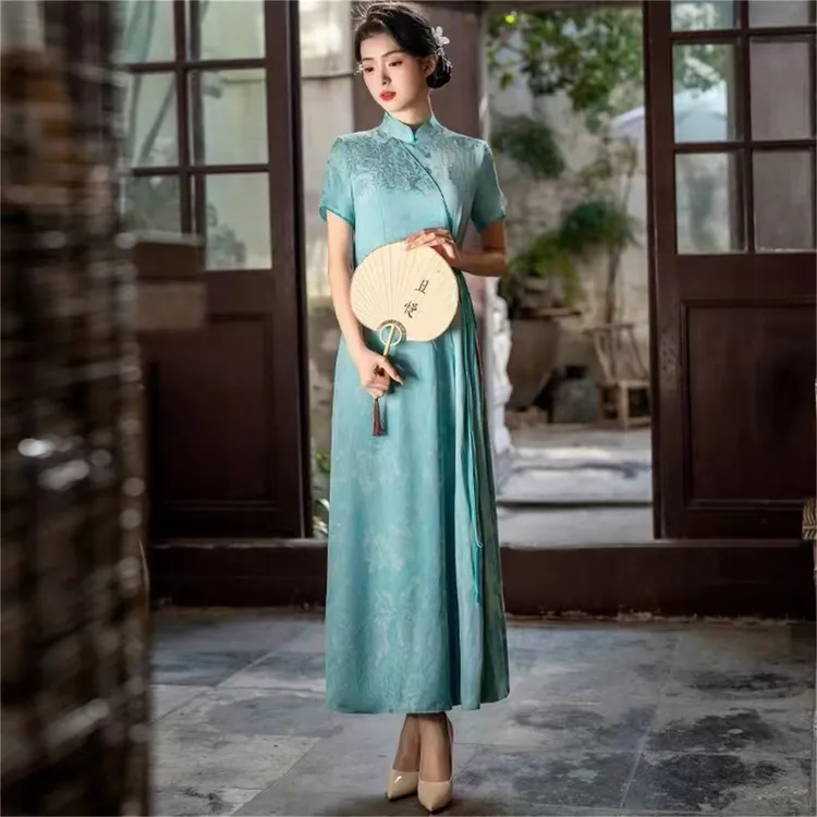 青黛 ,工厂直销现货 日常棉提花国风旗袍裙，A101563