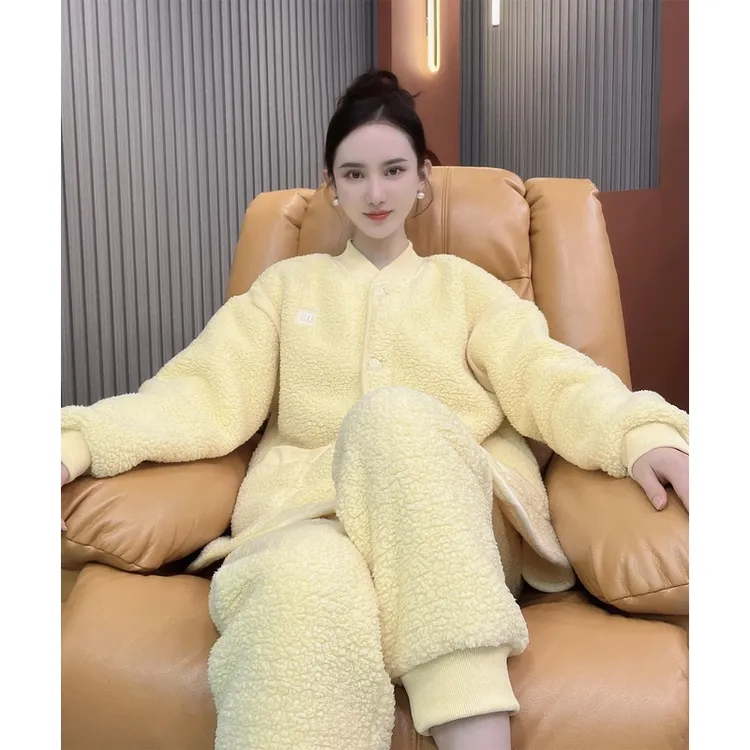 女款冬季新款冬款加绒加厚休闲开衫北羔绒套装百搭家居服时尚套装