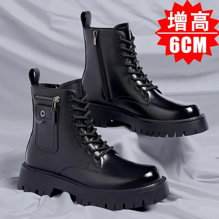 隐形内增高马丁靴男高帮秋冬黑色侧拉链真皮鞋冬季男士工装潮靴子