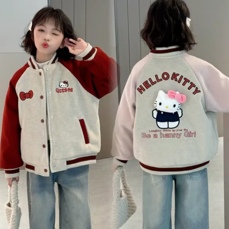 2025女童秋冬可爱夹棉加厚小猫凱蒂棒球服外套中大童保暖夹克棉衣