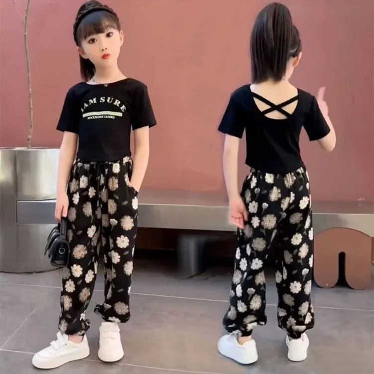 女童套装2025夏季新款中大童时尚后背交叉T恤防蚊裤套装洋气网红