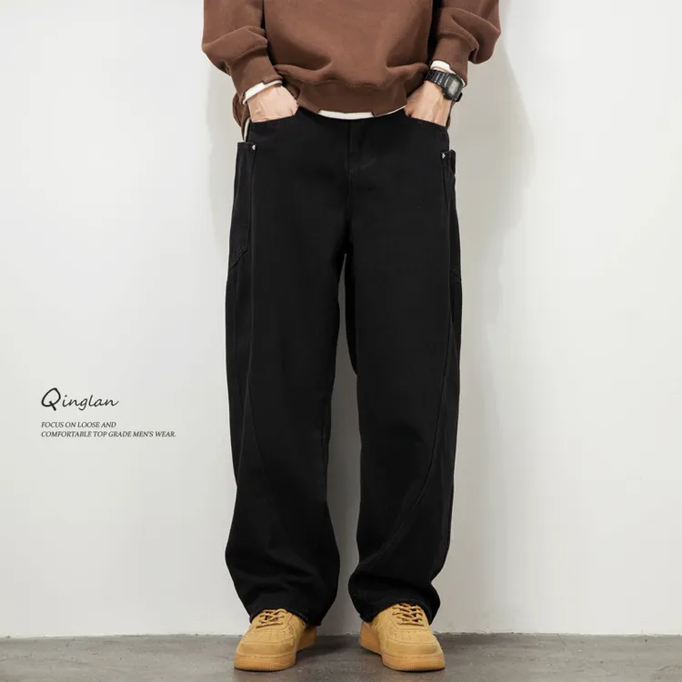 黑色牛仔裤男宽松直筒垂感阔腿裤子美式潮牌休闲弯刀裤痞帅秋冬款