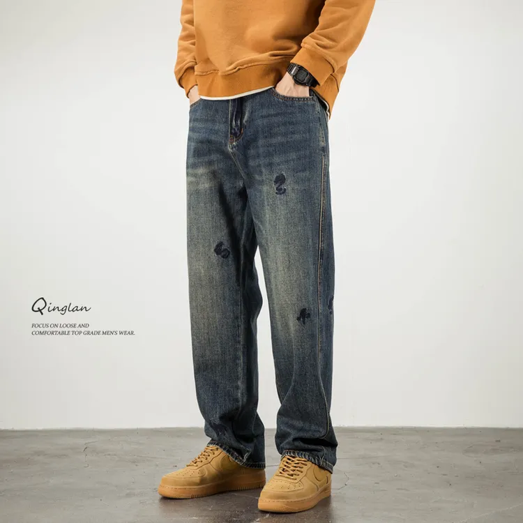 秋冬款刺绣牛仔裤男直筒宽松休闲美式复古潮流裤子2025新款秋季