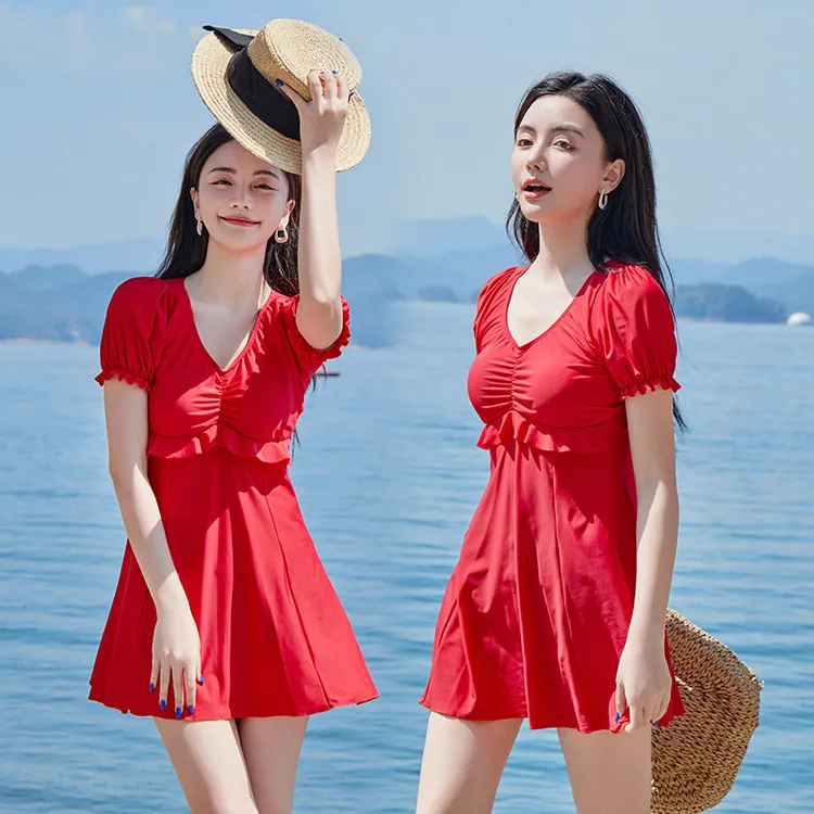 PL8871夏季泳装海边领短袖高腰分体泳衣游泳涉水沙滩裙现货批