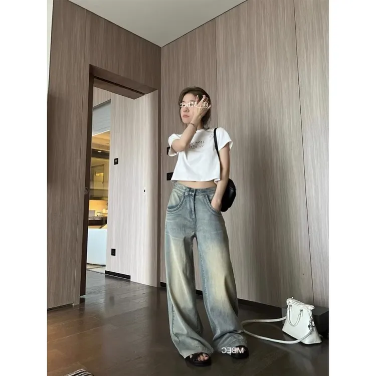 加长版美式高街阔腿牛仔裤女春季高腰宽松显瘦直筒垂感拖地裤子
