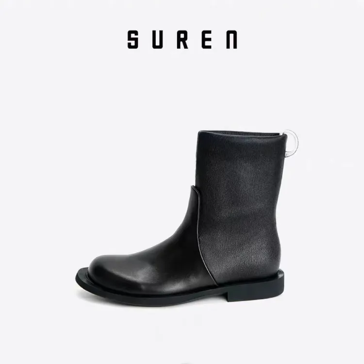 素人女士真皮轻奢专柜中筒骑士靴秋冬季时尚百搭马丁靴靴短靴252