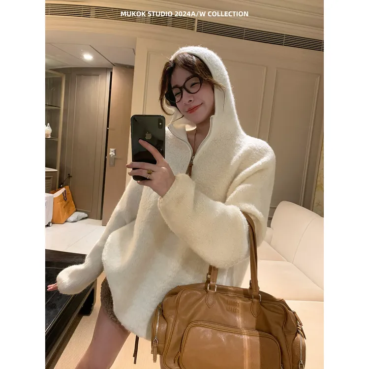 MUKOK 全羊毛连帽套头毛衣秋冬新款宽松休闲百搭加厚上衣