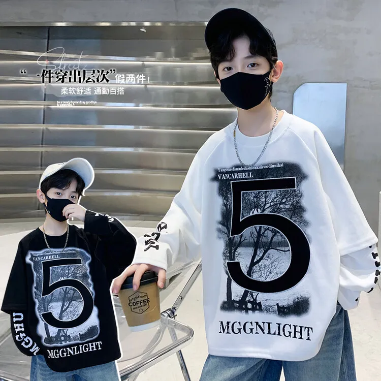 【24男童秋装上新】男童假两件刺绣印花卫衣宽松长袖T恤套头衫上衣