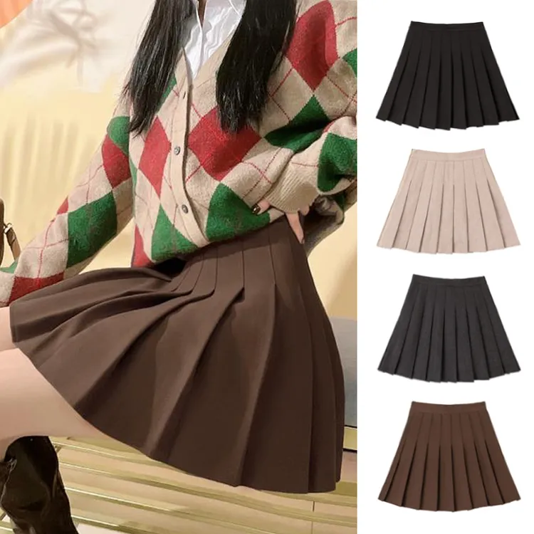 毛呢百褶毛呢半身裙短裙秋冬2025新款棕色高腰学生大码百褶裙