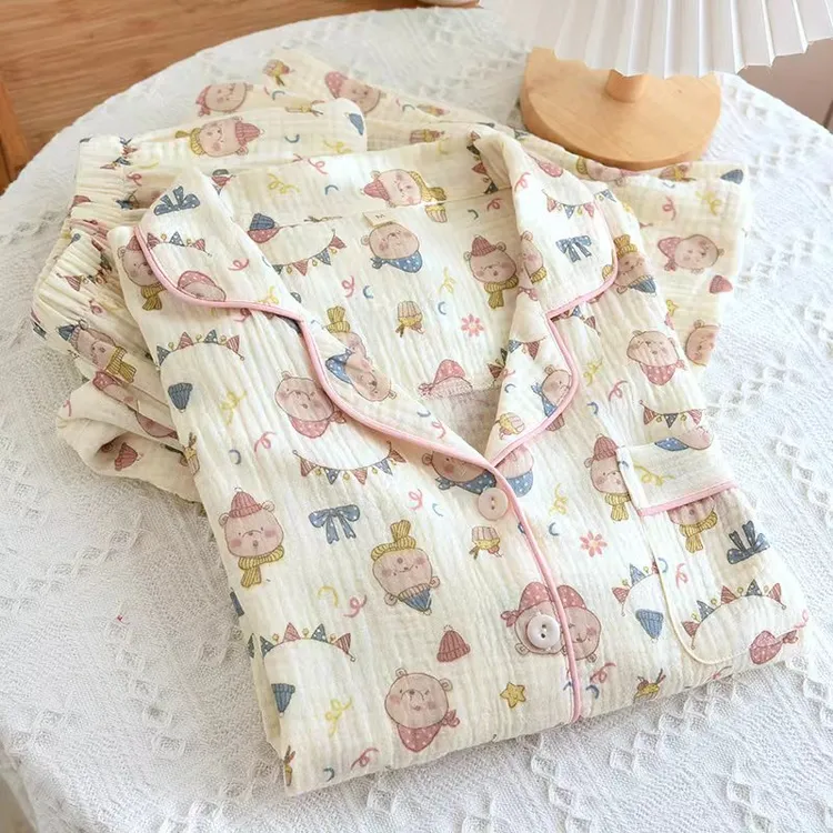 女士纯棉婴儿棉纱长袖长裤春秋四季薄款家居服套装透气大码可外穿