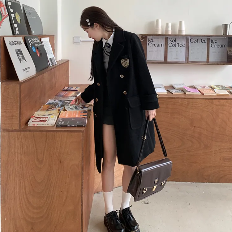 东京岁时记jk冬季小个子百搭学院风中长款毛呢黑色厚大衣津南女大