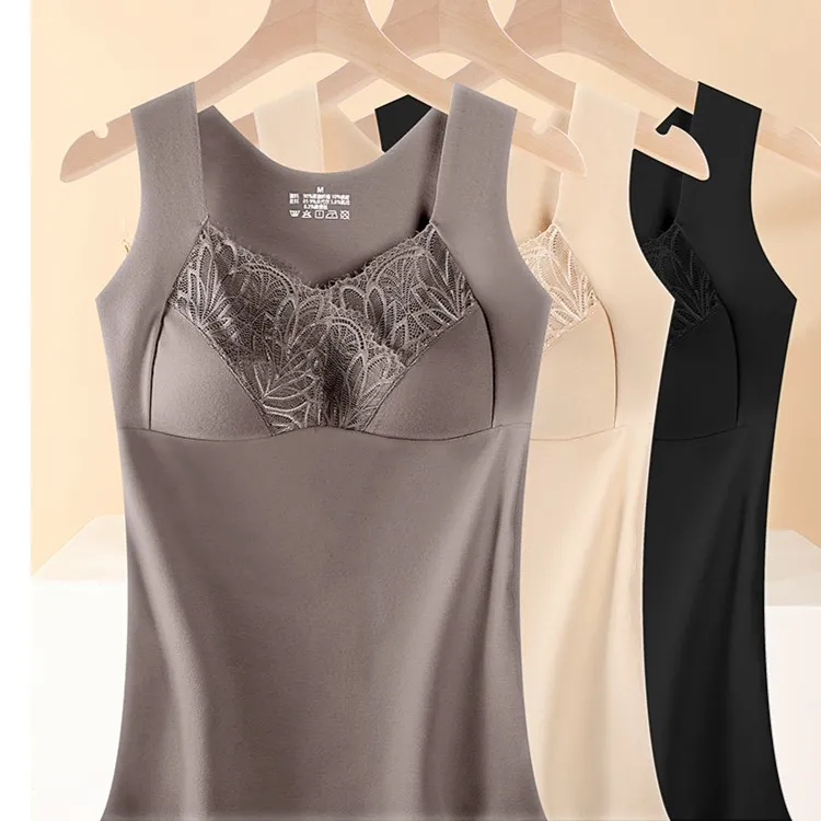 蕾丝+双面德绒保暖背心固定杯免穿文胸大码美背女士加绒修身加厚