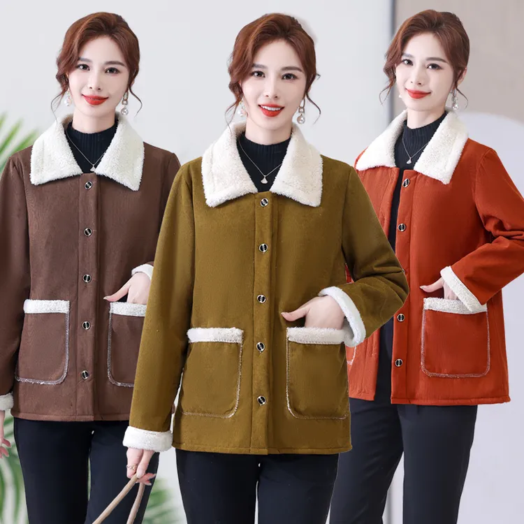 2024新款中老年妈妈装加绒保暖外套女洋气上衣时尚翻领灯芯绒棉衣