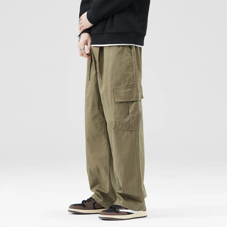 直筒宽松多口袋工装裤男美式潮牌2025新款秋冬季加绒加厚黑色裤子
