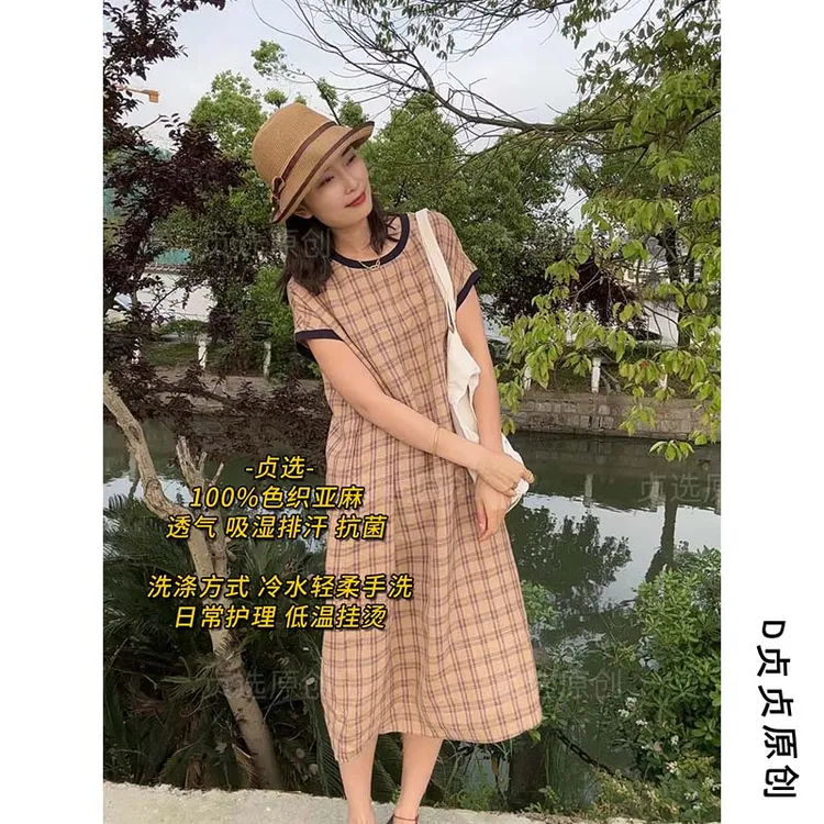 DengZhenZhen/邓贞贞24108-新款高端气质格纹宽松亚麻连衣裙