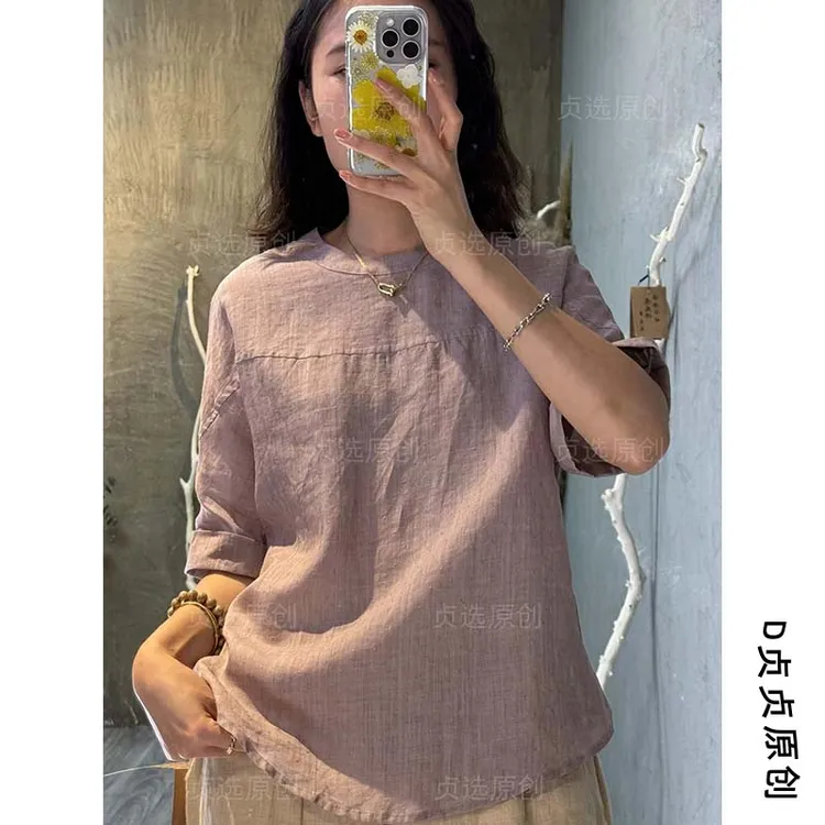DengZhenZhen/邓贞贞zz38-简约圆领纯色苎麻上衣