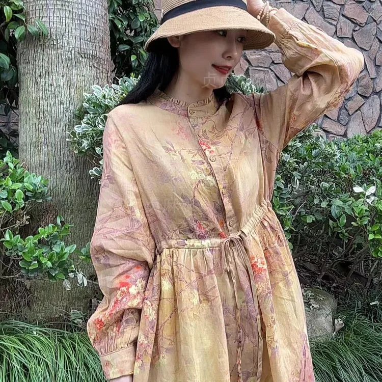 DengZhenZhen/邓贞贞23338夏季气质显瘦长袖苎麻连衣裙