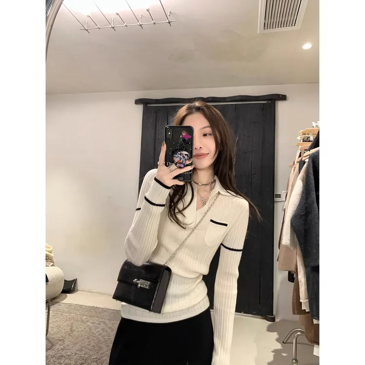 法式polo领针织打底衫女2025秋冬设计感小众独特别致长袖内搭上衣