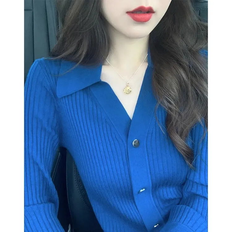 春秋克莱因蓝翻领针织开衫女洋气修身内搭打底毛衣设计感小众上衣