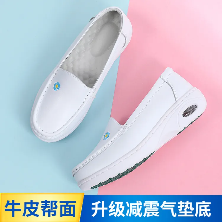 伊陌鸟护士鞋四季真皮透气增高平底坡跟舒适防滑医护鞋厚底小白鞋