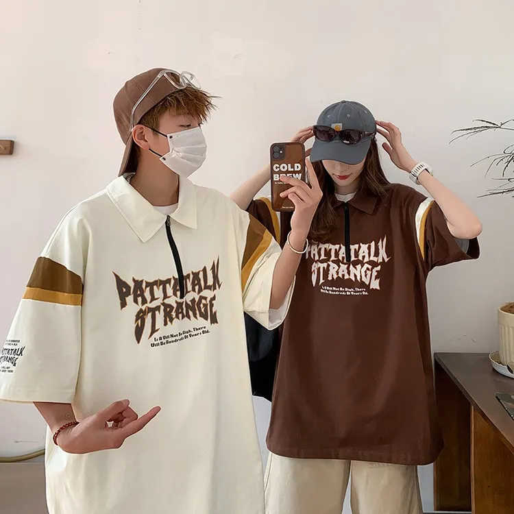 仓石一树美式高街polo衫短袖t恤男夏季休闲宽松韩版情侣装高级感