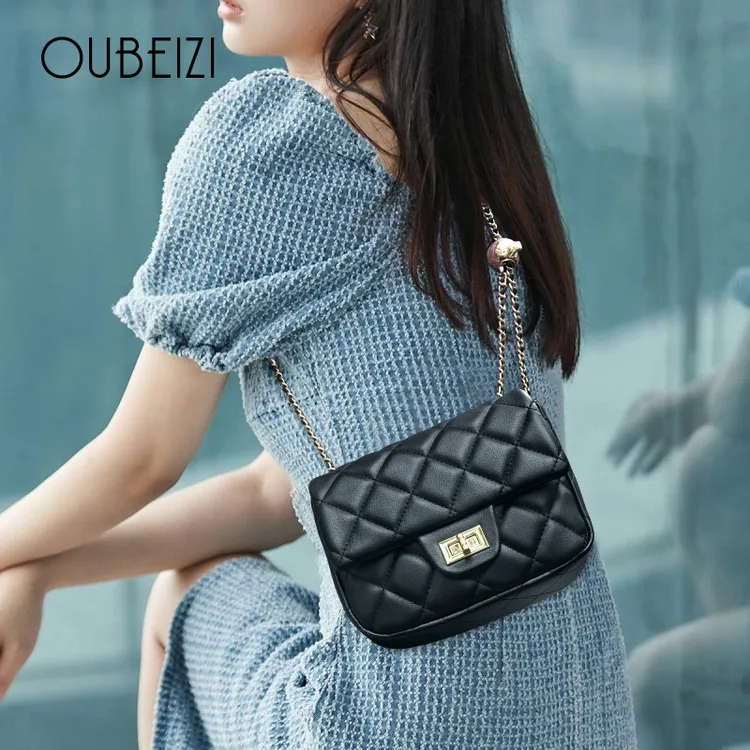 欧贝姿小香风包包女斜挎包2023新款小金球链条包女单肩包真皮女包