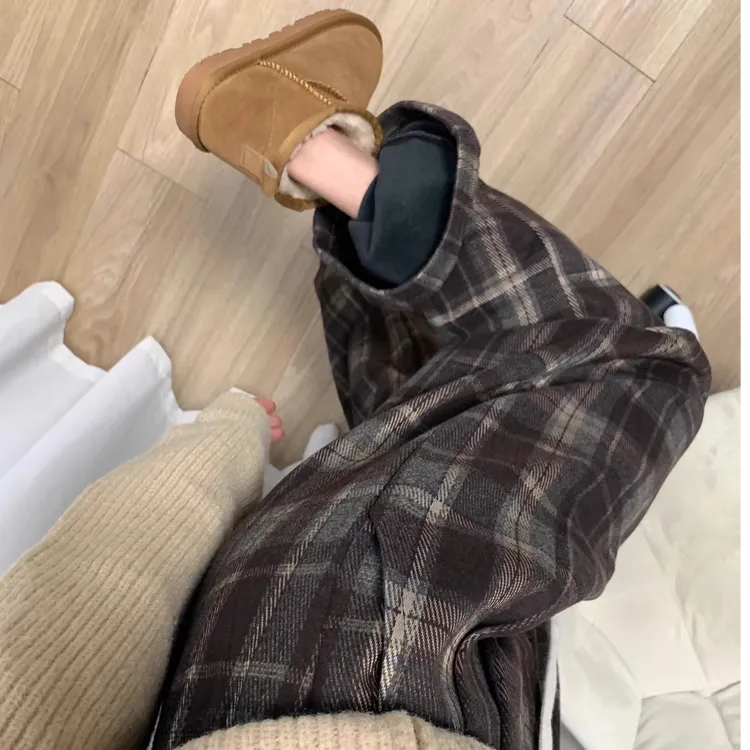 美拉德阔腿格子裤女冬季新款大码梨形身材小个子休闲加绒加厚长裤