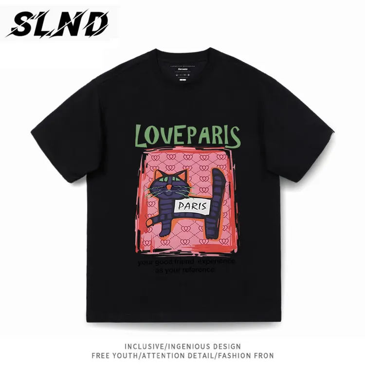 圣罗尼丹 双纱250克短袖T恤春夏新款小个子印花潮牌衣服宽松圆领