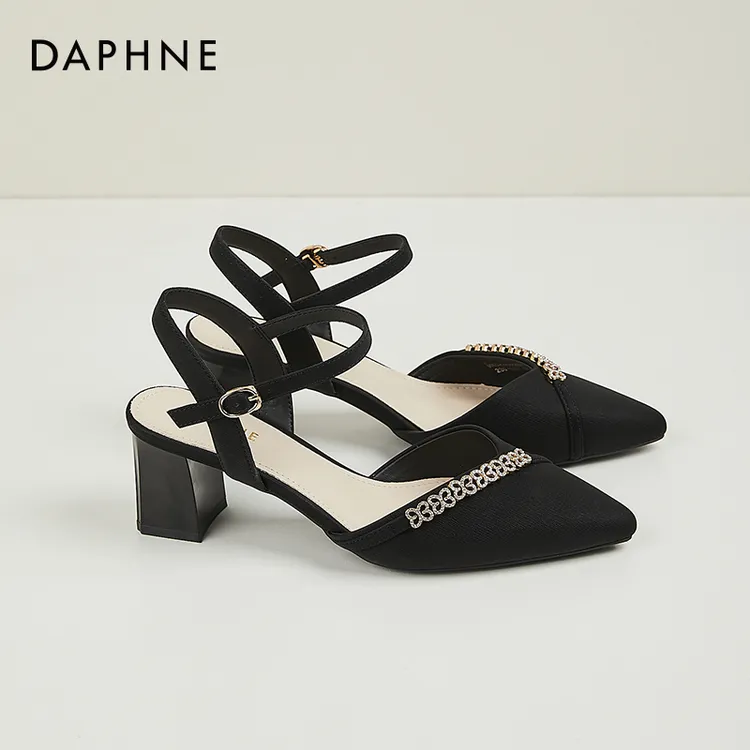 达芙妮包头尖头凉鞋女夏季外穿法式精致一字带中空粗跟高跟鞋中跟