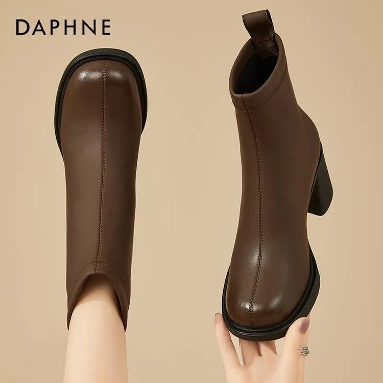 达芙妮马丁靴女靴短靴秋冬季2025新款加绒切尔西靴棕色短靴高跟鞋