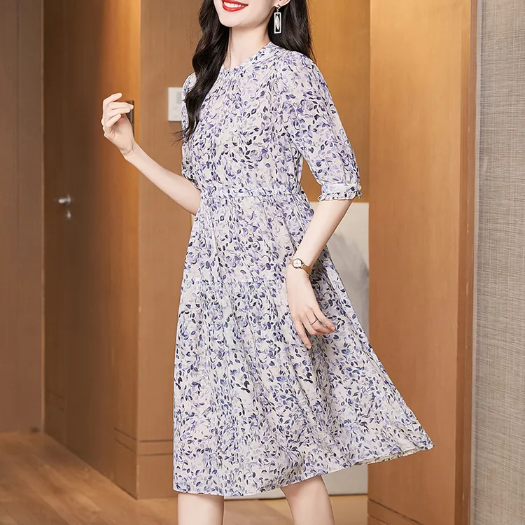 【堇兰】春夏新款收腰真丝长裙桑蚕丝碎花连衣裙女 YYQ22-500